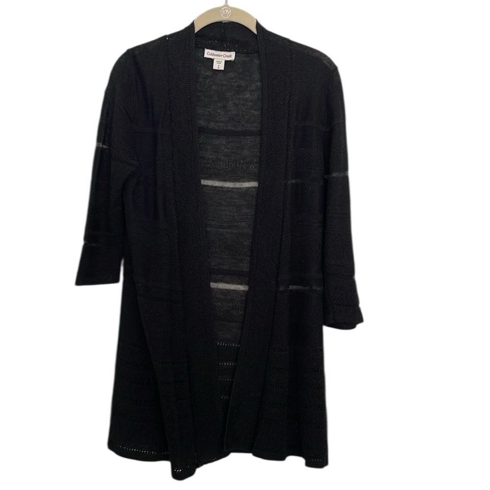 Coldwater Creek Women’s Black Knit Eyelet Pattern Open Long Cardigan